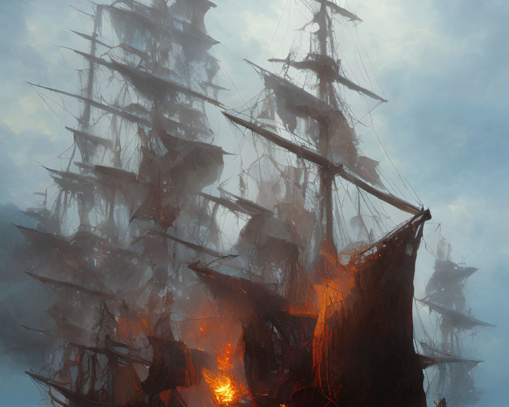 Dramatic tall ships on foggy seas with one ship on fire