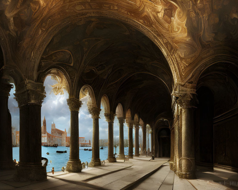 Baroque-style hallway with arched ceilings and columns overlooking serene water view.