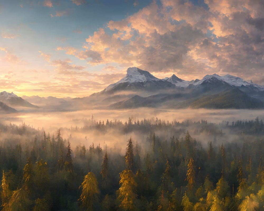 Misty forest at dawn with snowy mountains and golden sunlight