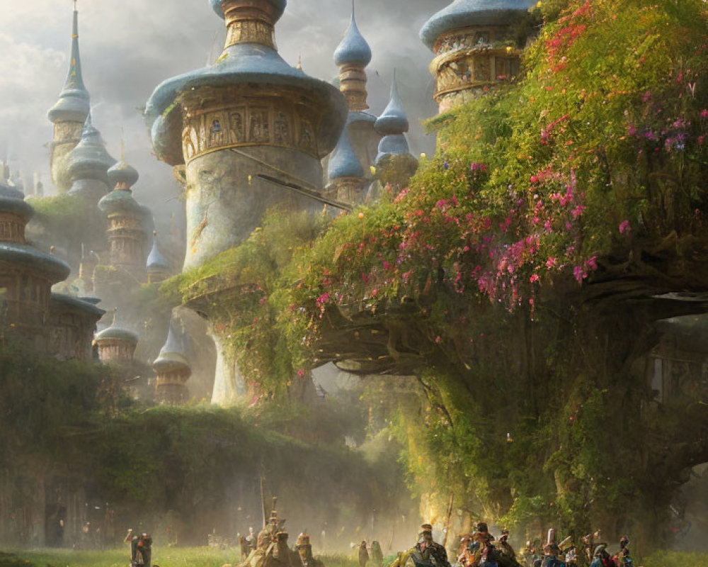 Fantastical landscape with knights, castles, and lush greenery