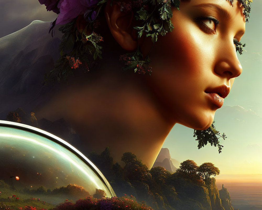 Surreal digital art: Woman with flower wreath in bubble reflection