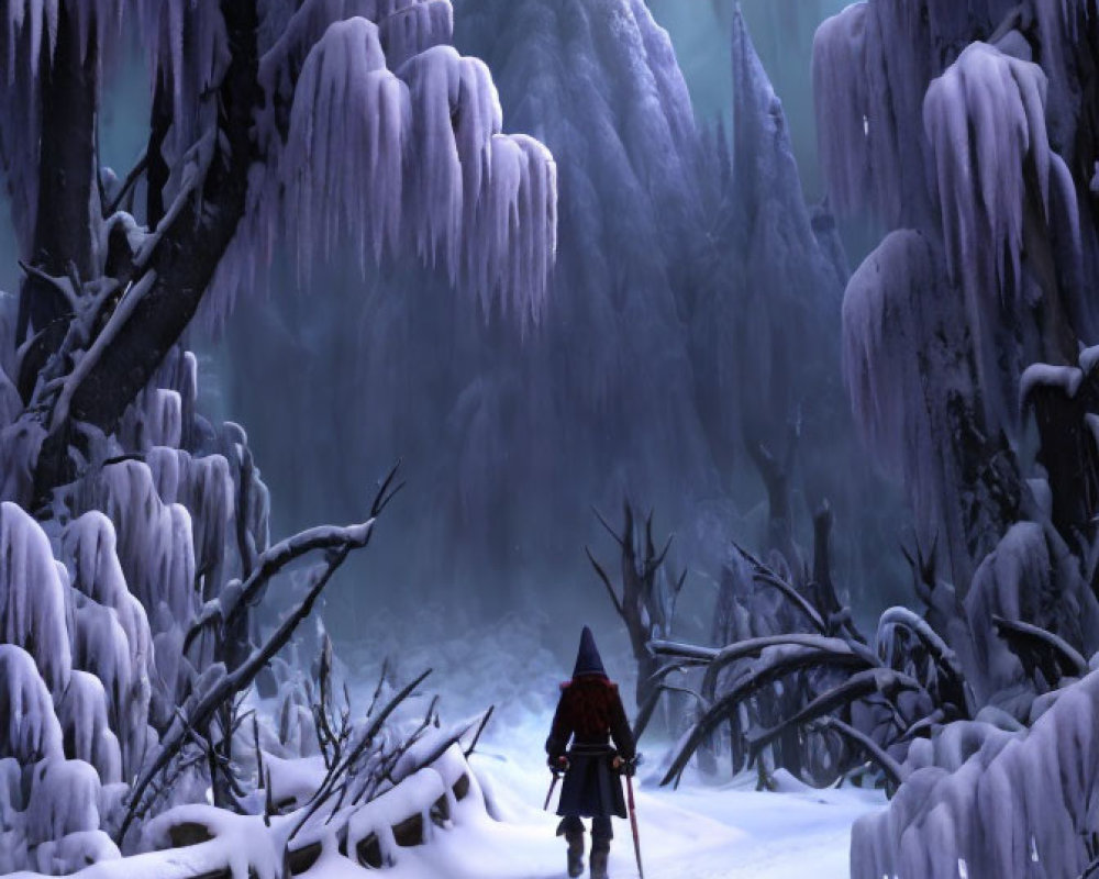 Snowy Forest Scene: Lone Traveler in Red Cloak Amid Misty Atmosphere