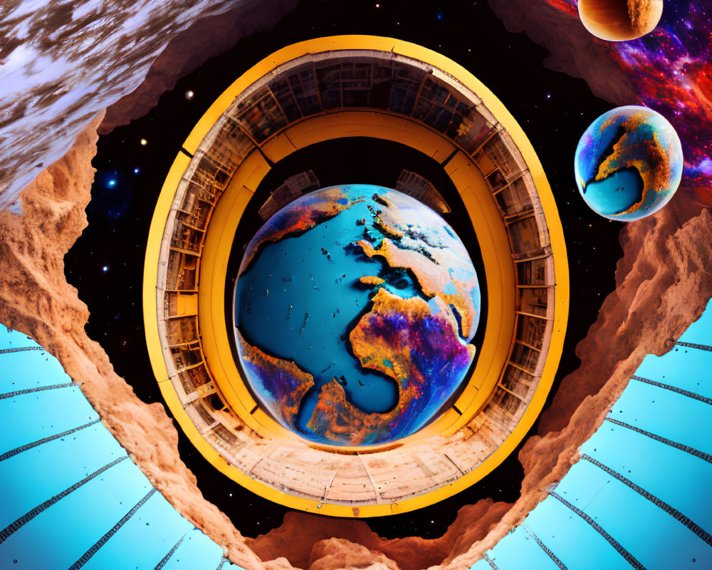 Circular Space Station Frames Earth with Planets and Cosmos in Surreal Image