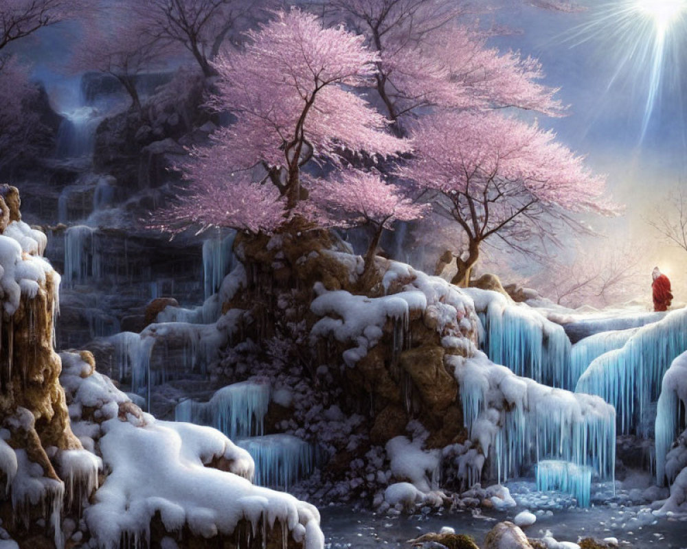 Winter landscape with pink cherry blossoms, snowy rocks, cascading waterfalls, and sunlight.