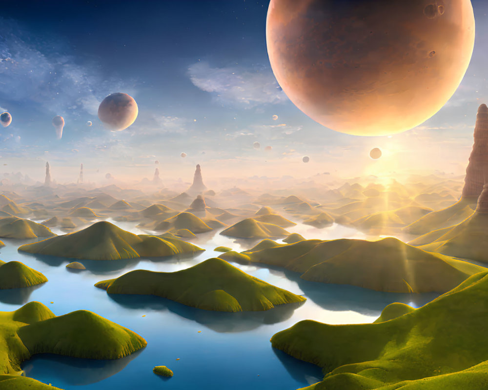 Fantastical landscape with green hills, blue waters, and looming planets in the sky