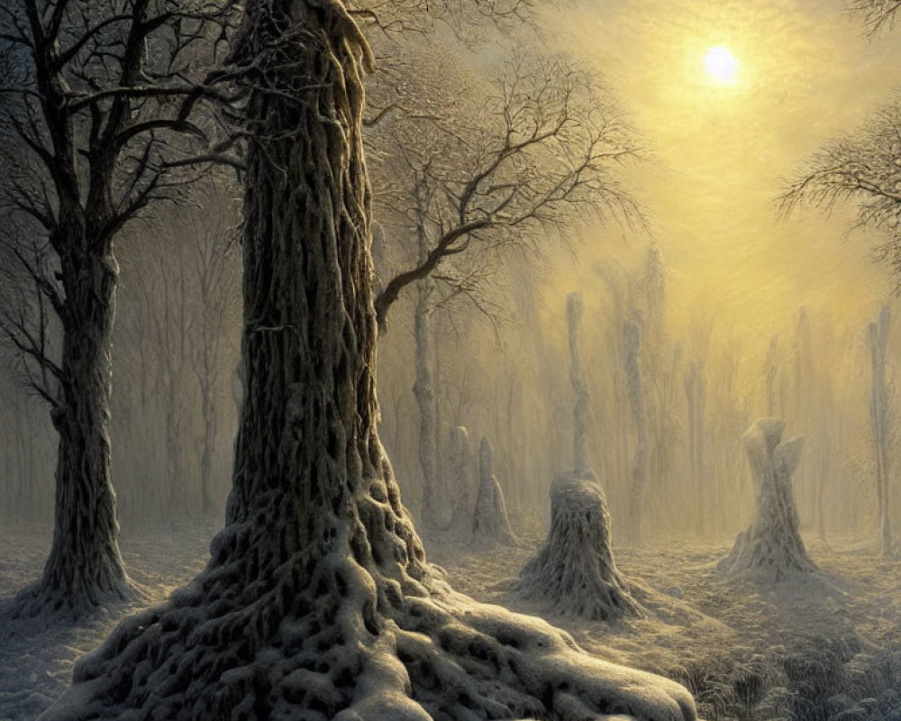 Snowy forest scene with sun filtering through mist, creating tranquil atmosphere