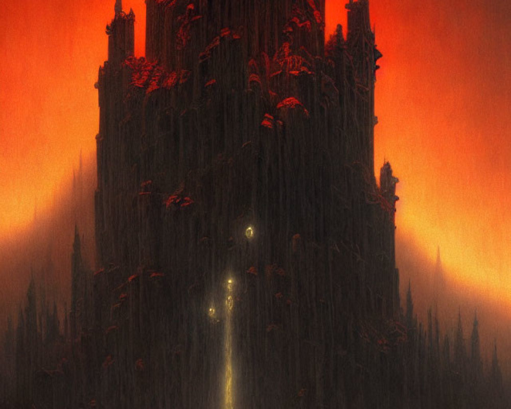 Gothic castle against red sky with glowing trail