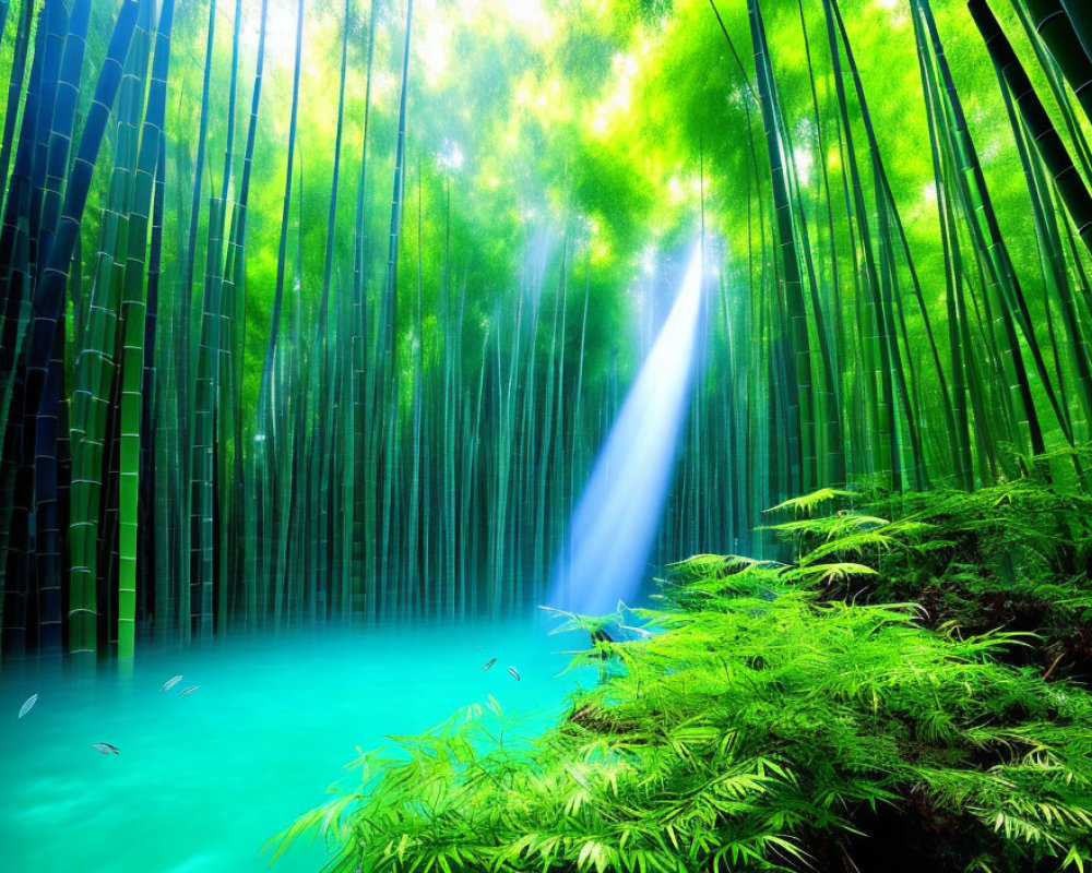 Tranquil Bamboo Forest with Sun Rays and Lush Ferns