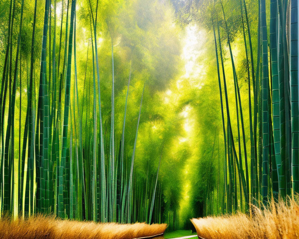 Tranquil Path Through Lush Bamboo Forest