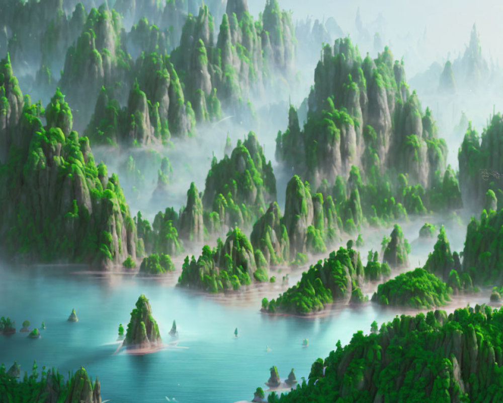 Verdant landscape with towering karst formations and tranquil waters