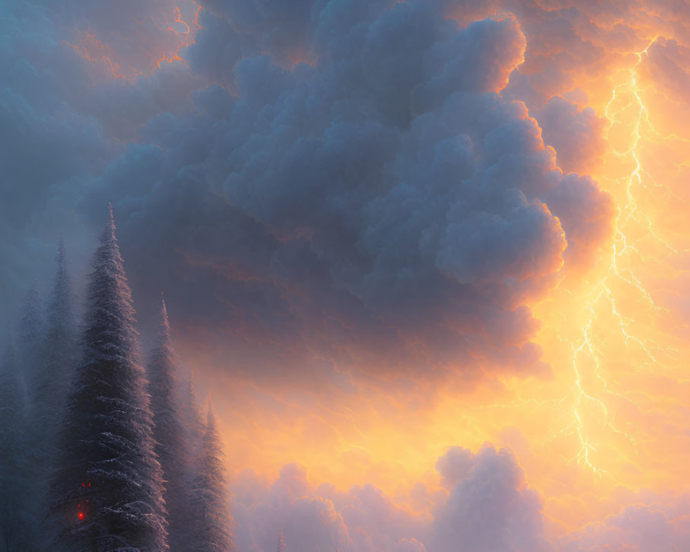 Winter forest landscape with lightning strike and orange light.