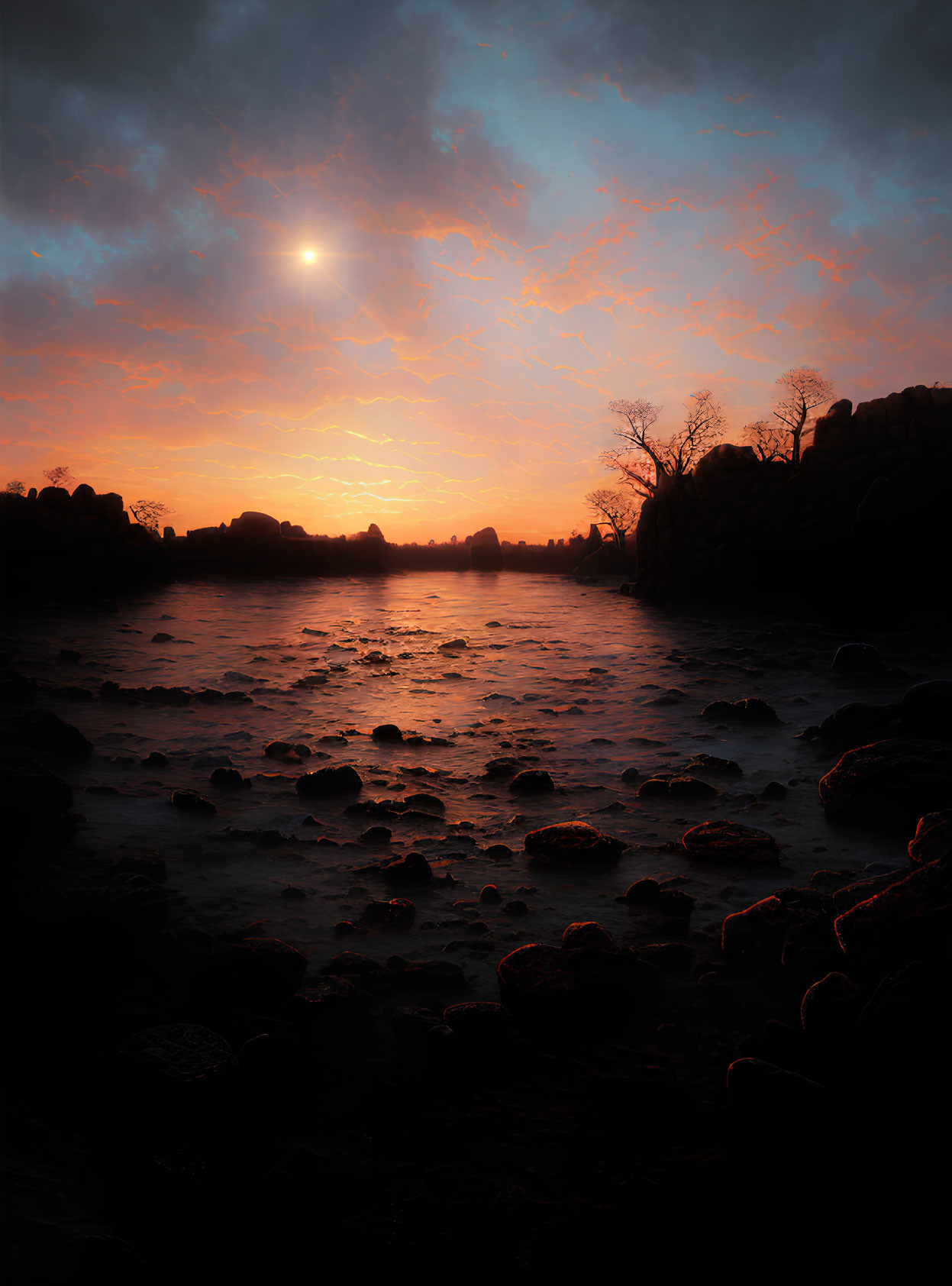 Dramatic sunset over dark rocky shoreline with vibrant clouds