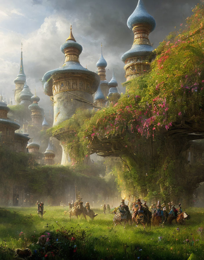 Fantastical landscape with knights, castles, and lush greenery