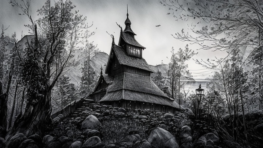 Monochrome artwork of stave church in nature