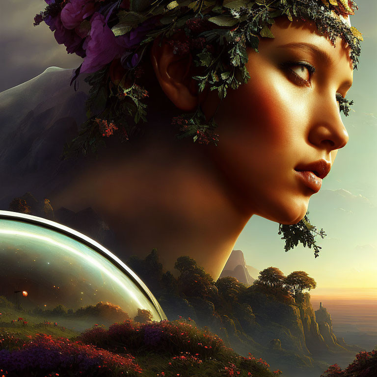 Surreal digital art: Woman with flower wreath in bubble reflection