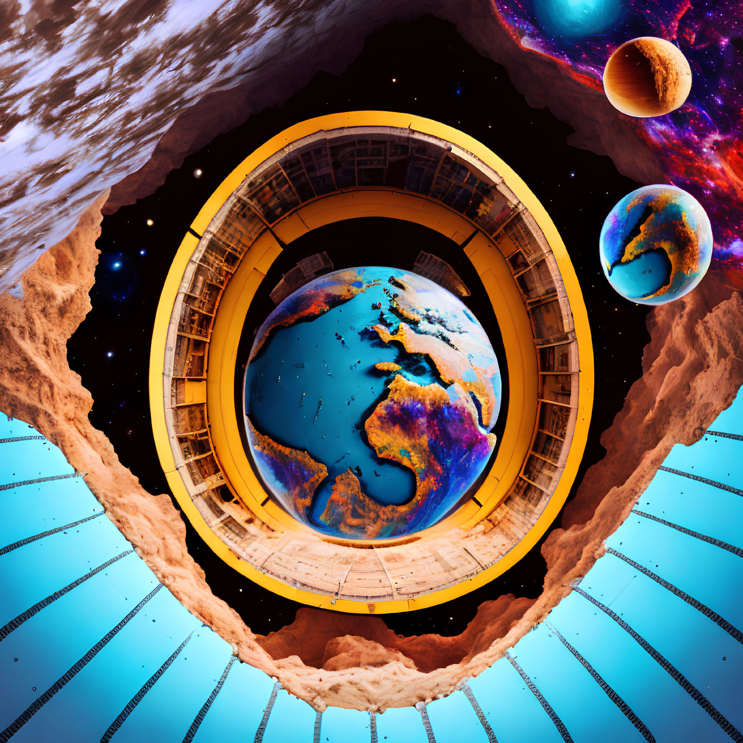 Circular Space Station Frames Earth with Planets and Cosmos in Surreal Image