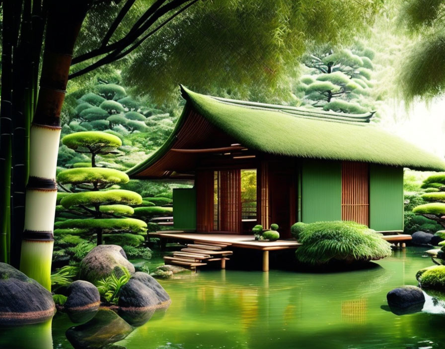 Traditional Japanese garden with teahouse, bamboo, pine trees, and pond