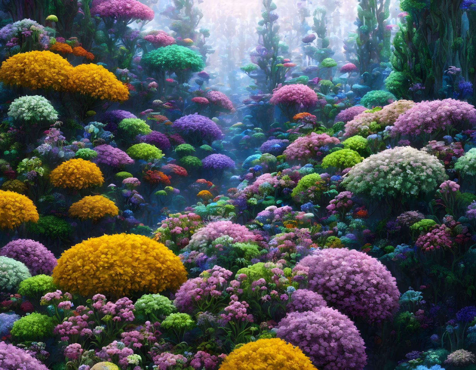 Colorful Forest with Purple, Yellow, and White Flowers in Misty Sunlit Setting