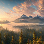 Misty forest at dawn with snowy mountains and golden sunlight