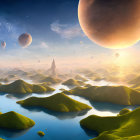 Fantastical landscape with green hills, blue waters, and looming planets in the sky