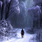 Snowy Forest Scene: Lone Traveler in Red Cloak Amid Misty Atmosphere