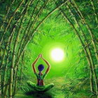 Person meditating in tranquil bamboo forest with hands raised, silhouetted against ethereal light