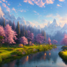 Tranquil landscape: cherry trees, river, mountains, pink sky