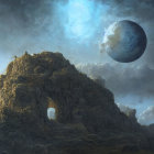 Surreal image: Ancient ruins on cloudy coastline with giant blue planet and moon.