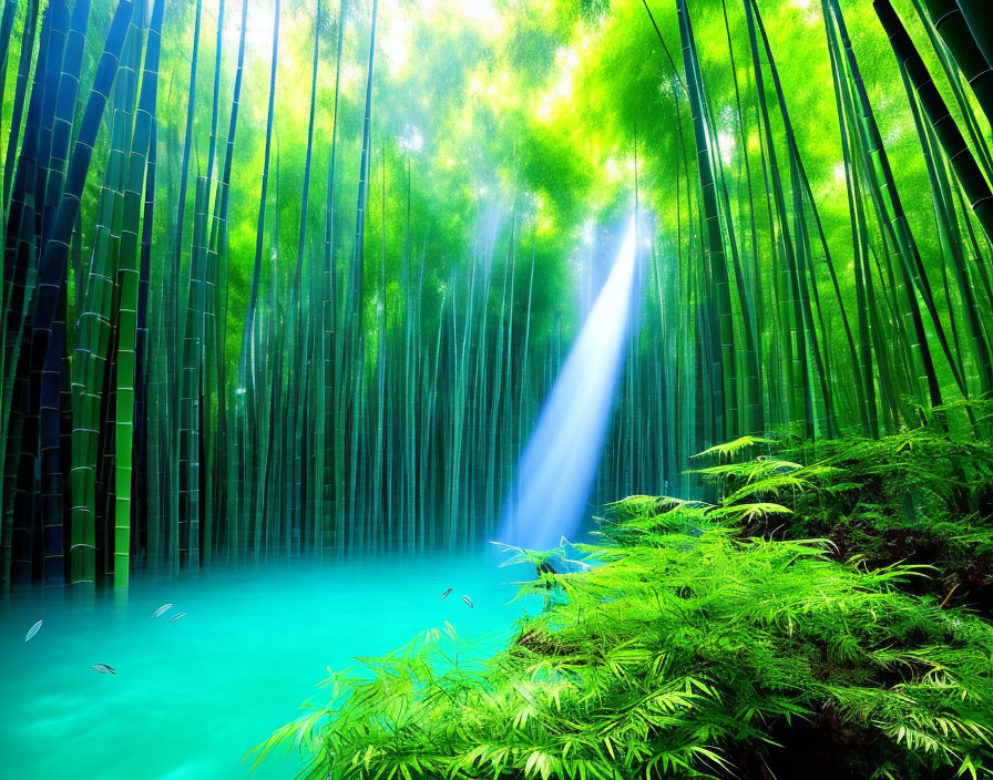 Tranquil Bamboo Forest with Sun Rays and Lush Ferns