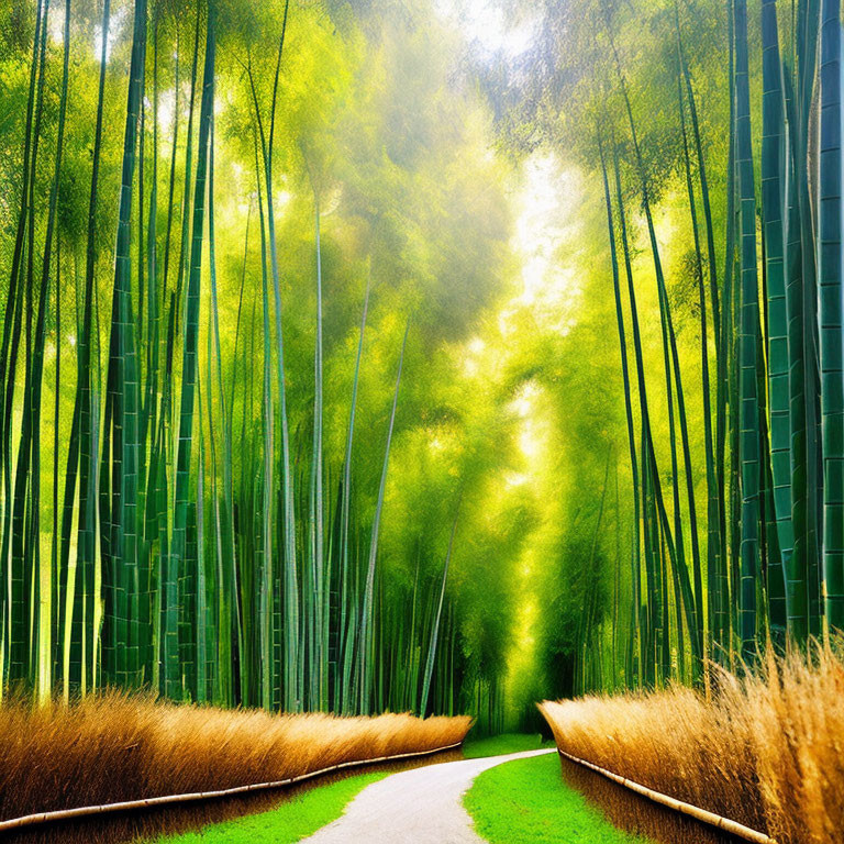 Tranquil Path Through Lush Bamboo Forest