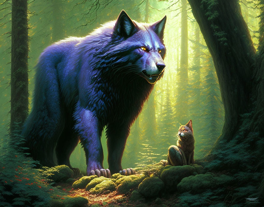 Majestic Blue Wolf and Brown Cat in Luminous Green Forest