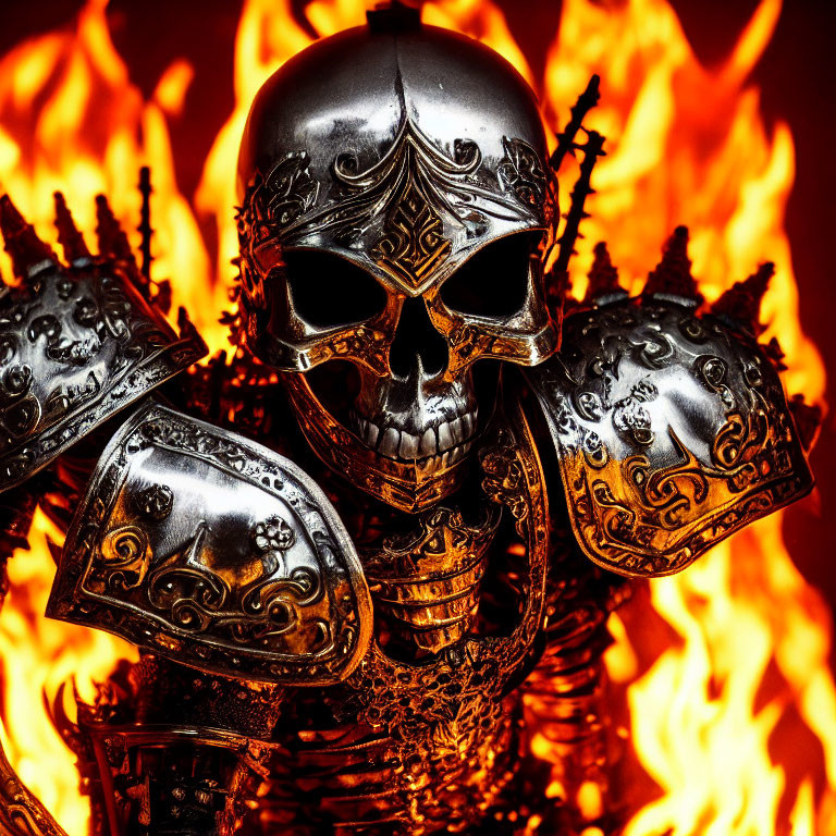 Metallic skull and armored shoulders in fiery backdrop with intricate patterns.