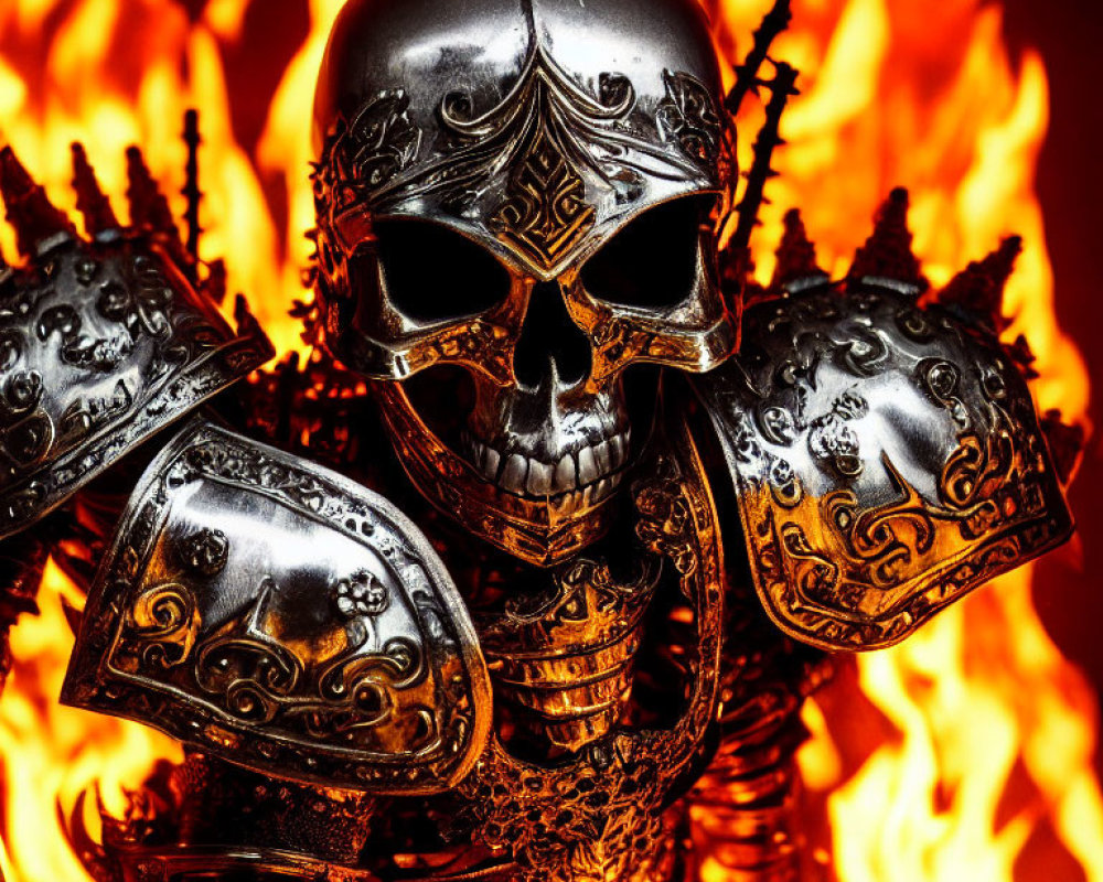 Metallic skull and armored shoulders in fiery backdrop with intricate patterns.