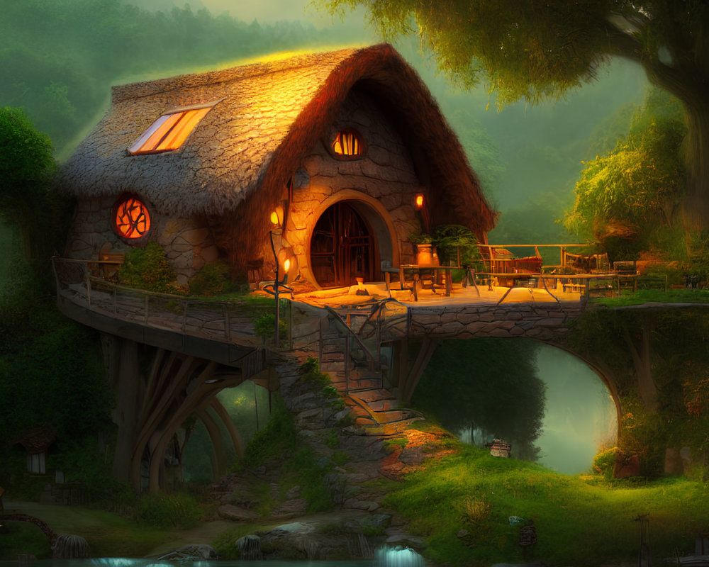 Thatched Cottage on Stone Arch by Tranquil River