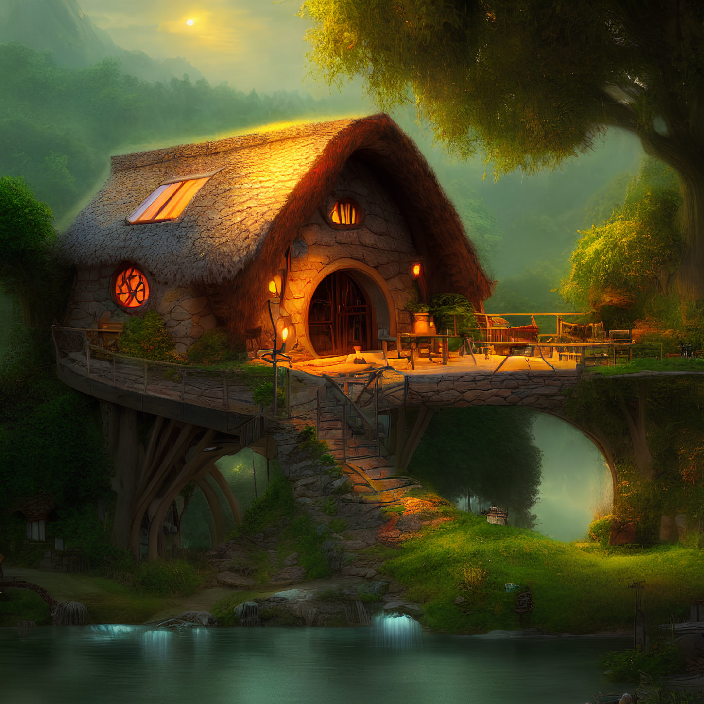 Thatched Cottage on Stone Arch by Tranquil River