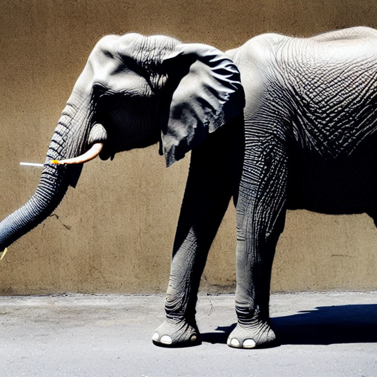 Profile view: Elephant with extended trunk against tan wall