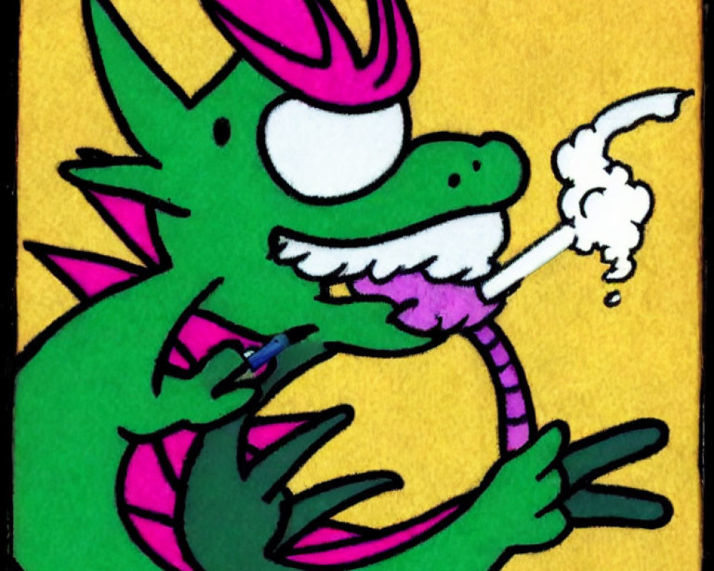 Cartoon dragon with pink horns brushing teeth on yellow background