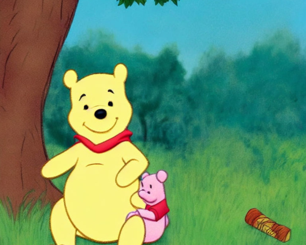 Pooh and Piglet by Tree in Green Setting