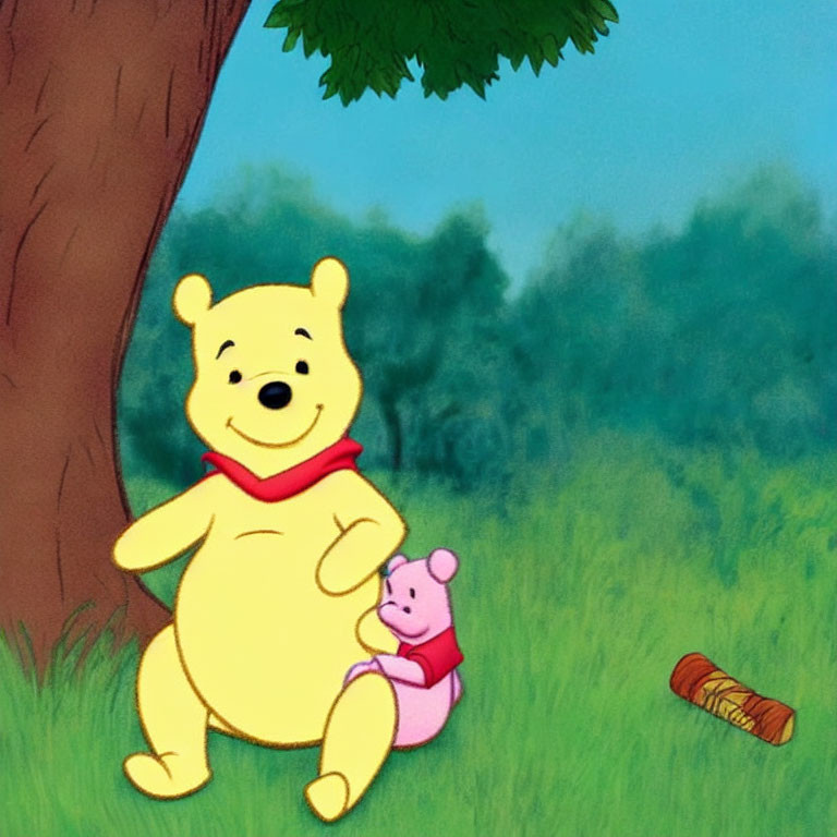 Pooh and Piglet by Tree in Green Setting