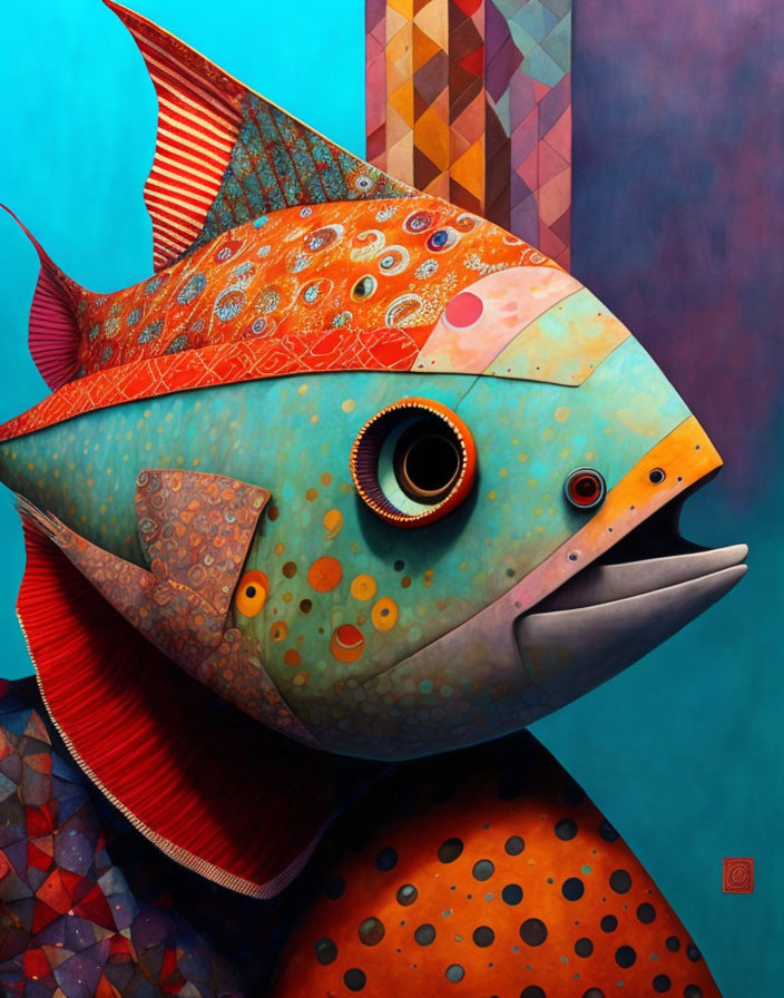 Colorful stylized fish painting with exaggerated features and intricate patterns