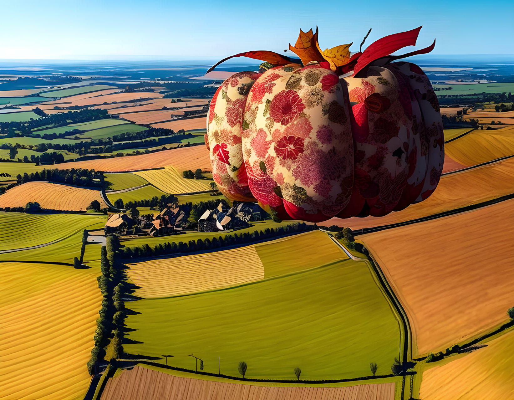 Giant Strawberry-Patterned Pumpkin Over Rural Landscape