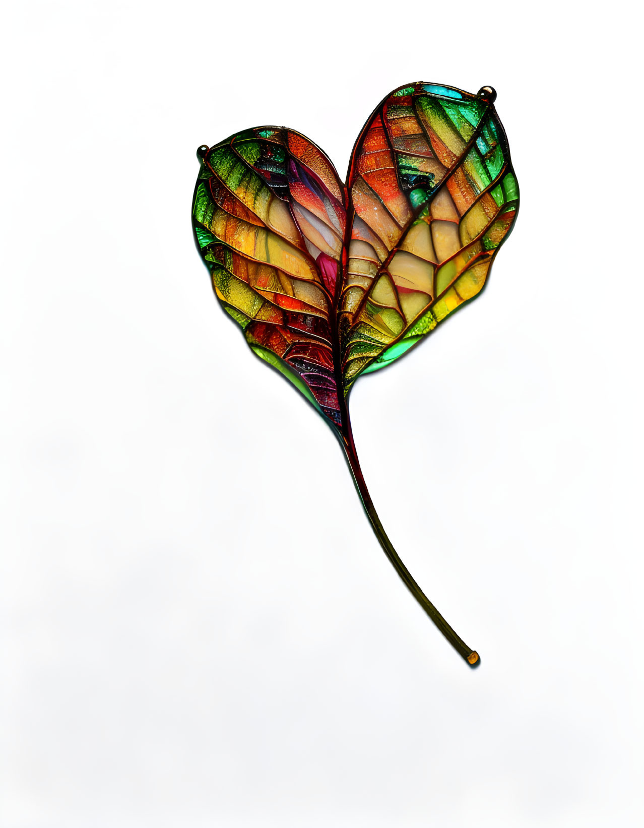 Vibrant translucent leaf with heart shape and intricate veins on white background