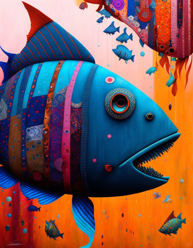 Colorful Stylized Illustration of Large Blue Fish and Intricate Patterns