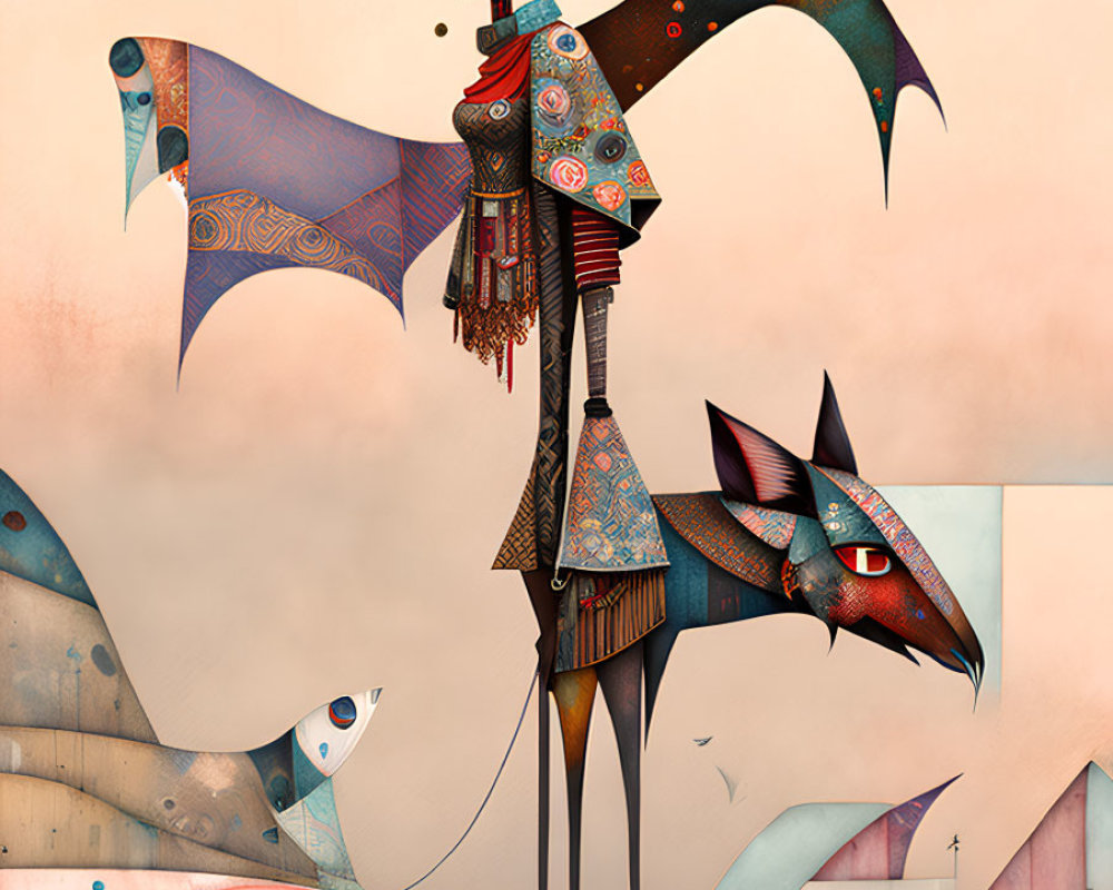 Surreal illustration of elongated figure with bird headpiece on geometric landscape.