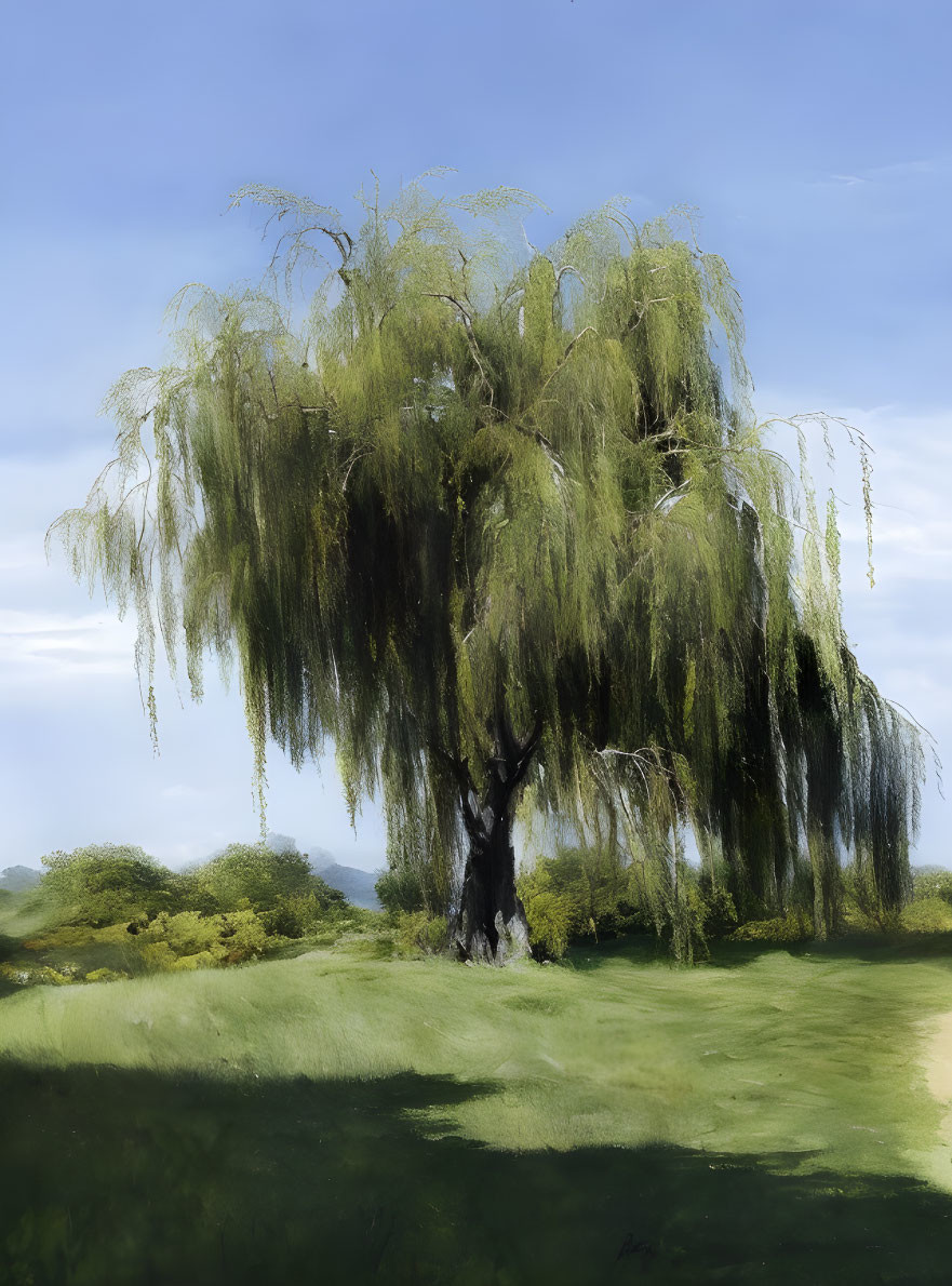 Majestic willow tree in tranquil field under serene sky