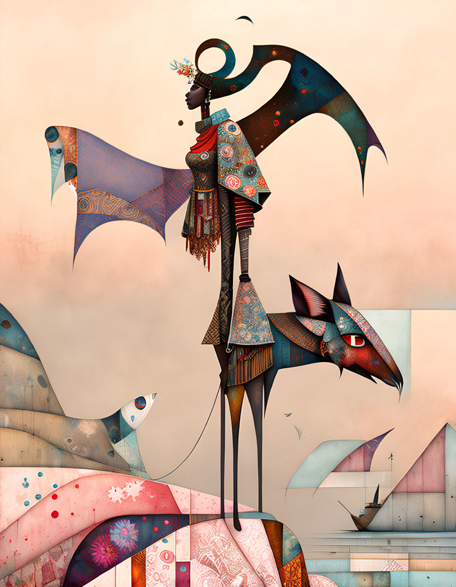 Surreal illustration of elongated figure with bird headpiece on geometric landscape.