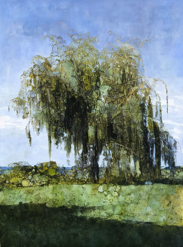 Tranquil painting of weeping willow tree on textured green and blue background