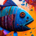 Colorful Stylized Illustration of Large Blue Fish and Intricate Patterns