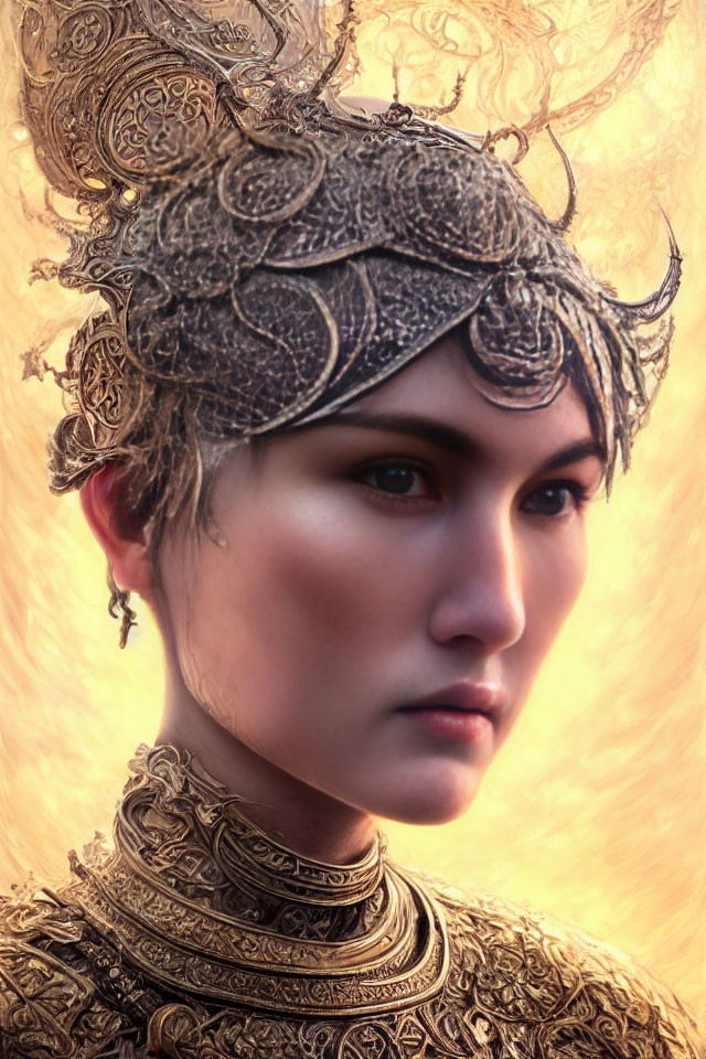 Ornate Golden Headgear and Neck Armor on Solemn Figure