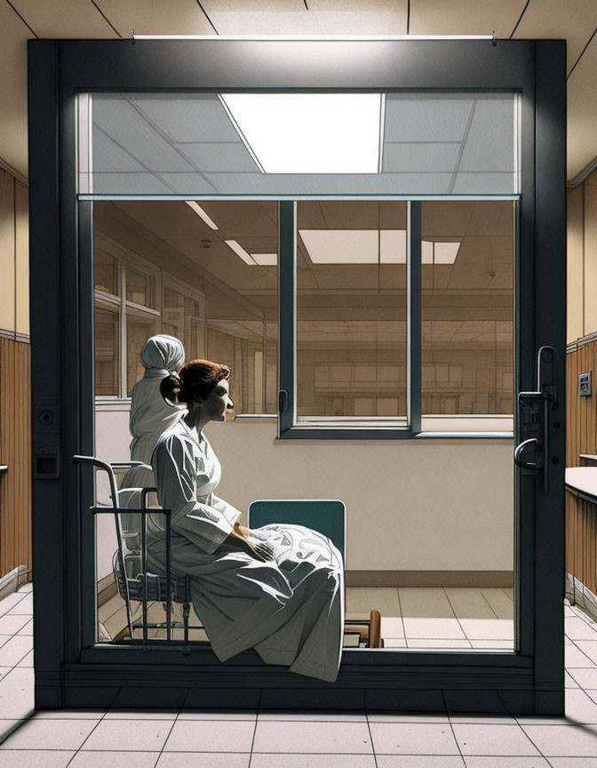 Healthcare Worker and Patient by Hospital Room Window in Serene Interior